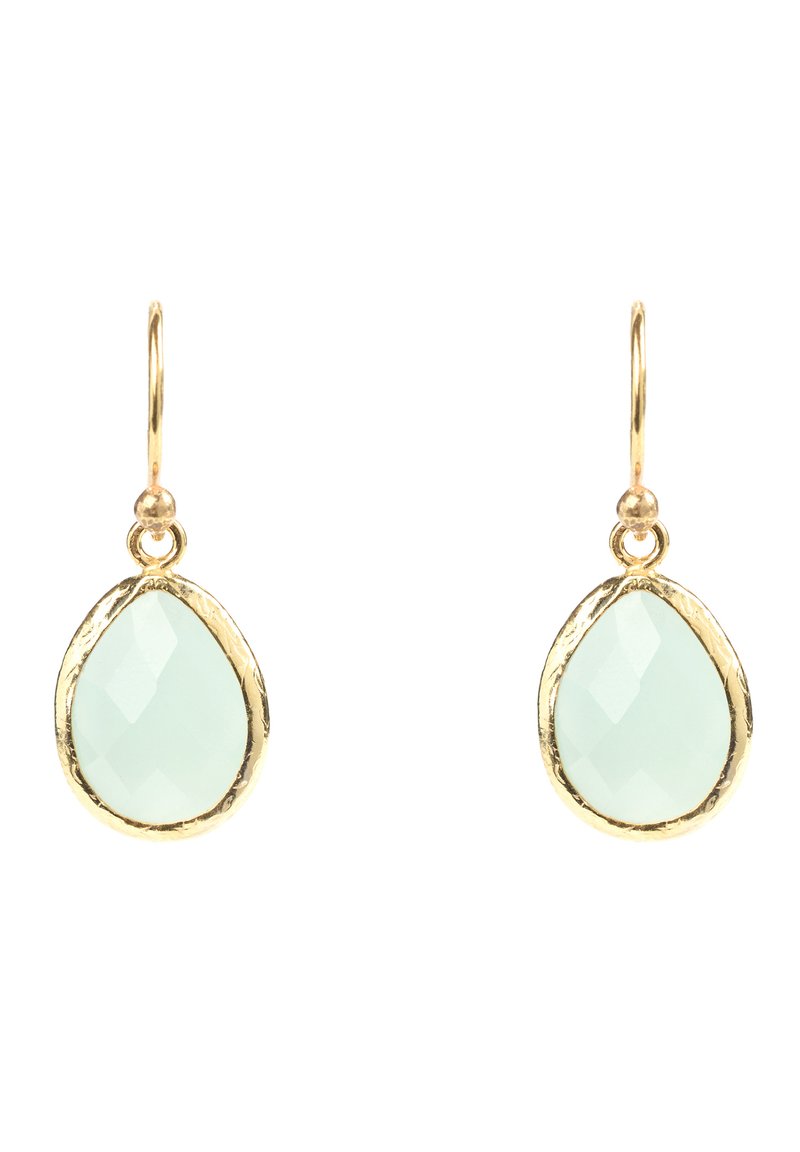 Gold-tone earrings with a teardrop mint green faceted stone, featuring a textured bezel setting and a simple hook for attachment.