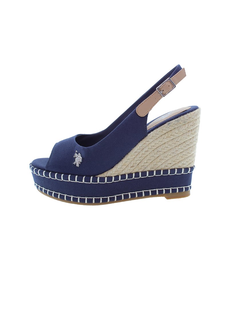 Námořnické modré espadrilové klínové sandály s otevřenou špičkou, textilní svrchní částí, béžovým kotníkovým páskem a pletenými provázkovými detaily na platformě.