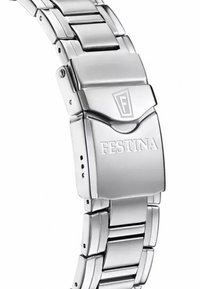 Bracciale in metallo color argento, caratterizzato da un design a collegamenti, finitura lucida e una chiusura con il logo "Festina" impresso.