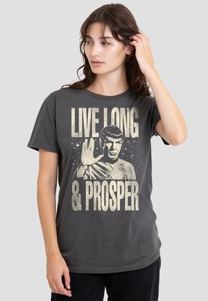 Gray cotton t-shirt featuring a retro graphic print of a character with the phrase "LIVE LONG & PROSPER" in large white font.