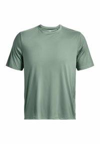 Koszulka sportowa z krótkim rękawem w miękkim, jasnym zielonym materiale; gładka tekstura, okrągły dekolt i luźny krój. Bez widocznych logo lub akcentów.
