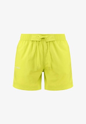Costumi da bagno giallo neon con cintura elastica, lacci regolabili e un piccolo logo bianco sul lato sinistro. Materiale leggero.