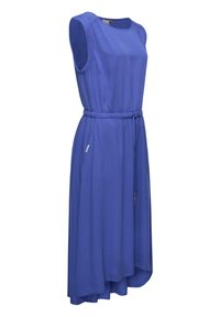 Ärmelloses, tiefblaues Kleid mit einem elastischen Bund und seitlichen Taschen. Knielang mit einem asymmetrischen Saum. Weicher Stoff.