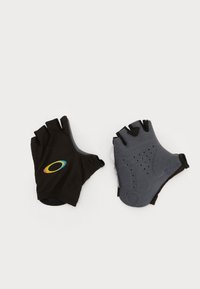 Guantes sin dedos en negro y gris, con un logotipo colorido en el par negro, diseño transpirable y palmas texturizadas para un mejor agarre.