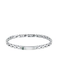 Bracciale in argento con maglie rettangolari, superficie liscia, include una piastra centrale lucida, accentuata da piccole pietre verdi.