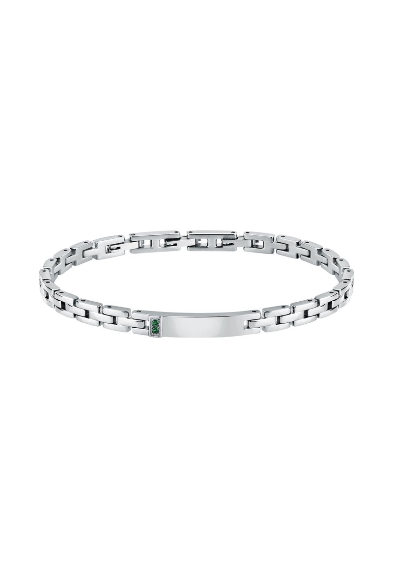 Bracciale in argento con maglie rettangolari, superficie liscia, include una piastra centrale lucida, accentuata da piccole pietre verdi.