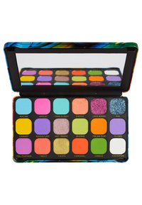 Fargerik øyenskyggepalett med 18 kvadratiske panner i livlige nyanser, inkludert matte, shimmer og glitterteksturer. Speilert lokk.