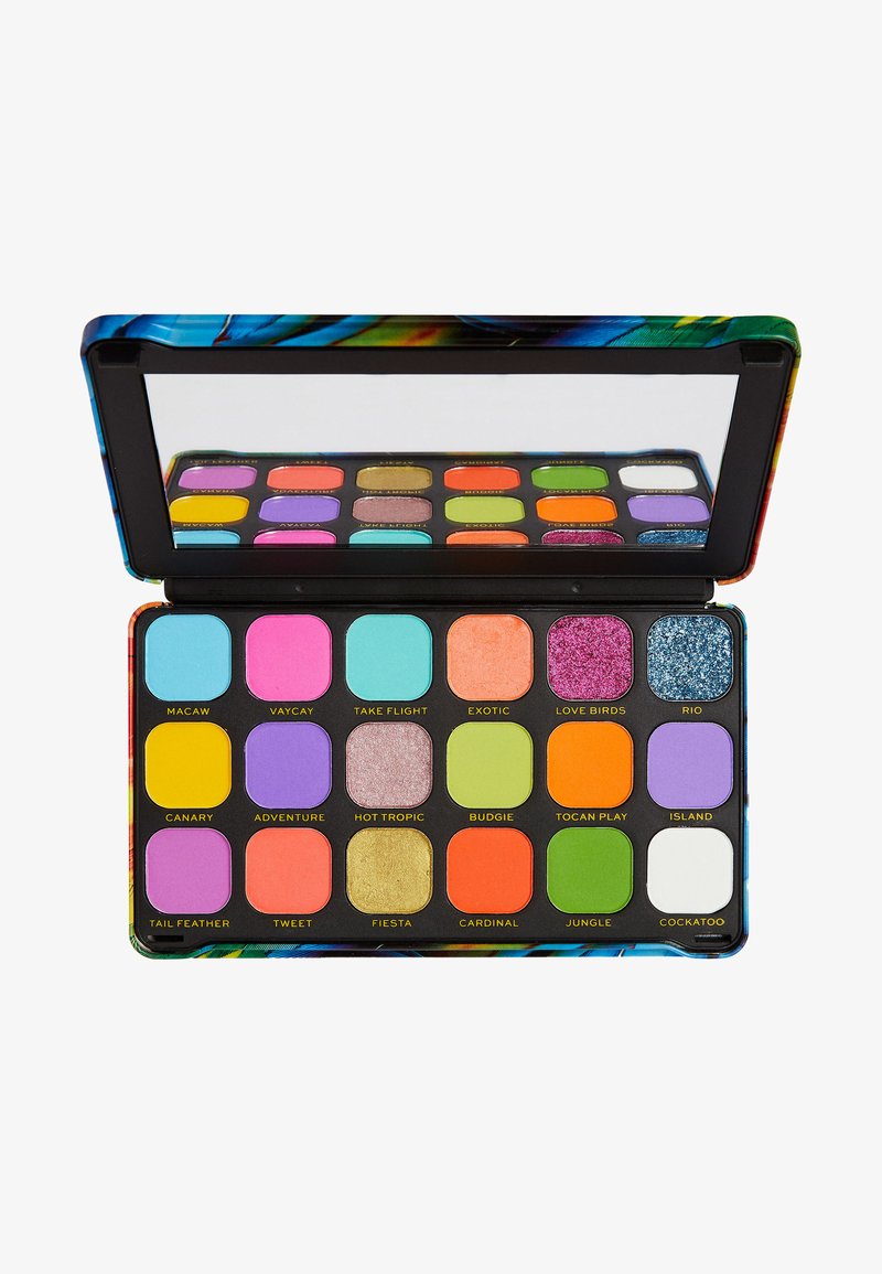 Palette de fards à paupières colorée avec 18 godets carrés dans des teintes vibrantes, y compris des textures mates, irisés et pailletées. Couvercle miroir.