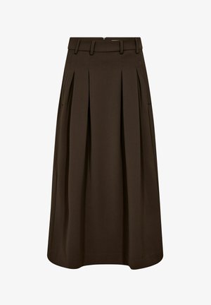 Falda marrón plisada con una cintura ajustada, bolsillos laterales y cierre de cremallera. Confeccionada con tela suave, presenta una silueta de longitud hasta el suelo.