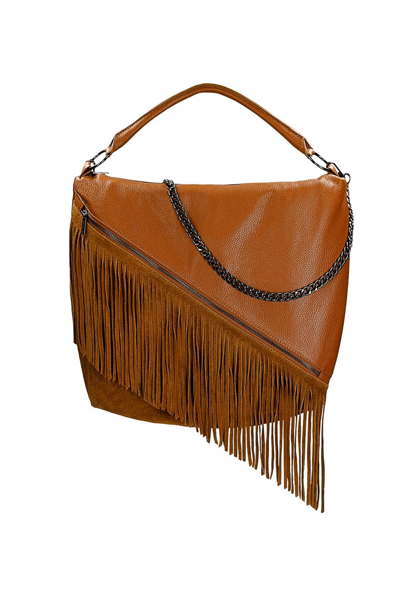 Braune Lederhandtasche mit diagonalen Fransen, ausgestattet mit einem schwarzen Kettenriemen und einer Reißverschlusstasche, präsentiert eine strukturierten Oberflächenfinish.