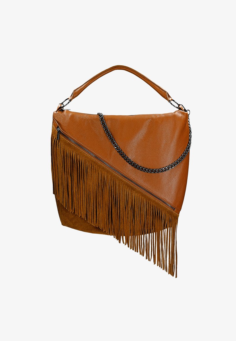Braune Lederhandtasche mit diagonalen Fransen, ausgestattet mit einem schwarzen Kettenriemen und einer Reißverschlusstasche, präsentiert eine strukturierten Oberflächenfinish.