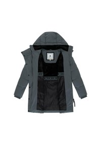 Grå vadderad parkas med huva, som har en svart fuskpälsfoder och ett svart innerband med logotyp. Stängs med knappar och dragkedja.