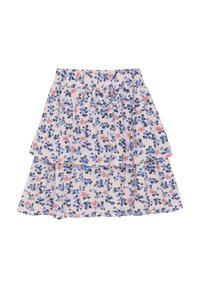 Blommig kjol med ljusrosa bakgrund, prydd med blå och rosa blommönster, lagerdesign och en rynkad midja för bra passform.