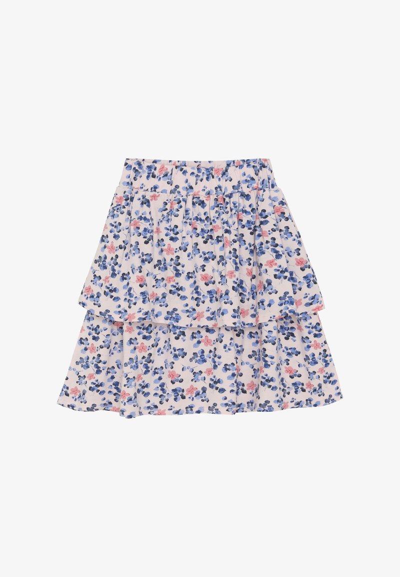 Blommig kjol med ljusrosa bakgrund, prydd med blå och rosa blommönster, lagerdesign och en rynkad midja för bra passform.