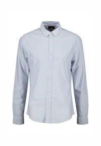Chemise à manches longues rayée bleu clair et blanche, avec un col à bouton et une patte de boutonnage, fabriquée en tissu de coton tissé.