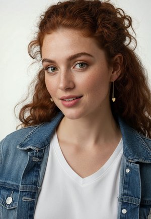 Jeansjacke über einem weißen V-Ausschnitt-Shirt; das Modell hat lockiges rotes Haar und trägt goldene herzförmige Ohrringe. Dezente Sommersprossen auf den Wangen.