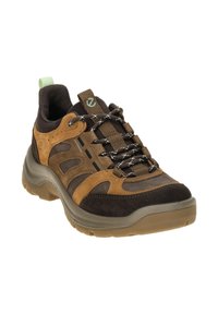 Braune und beige Wanderschuhe aus Wildleder und Mesh-Materialien, mit strukturierten Sohlen und reflektierenden Akzenten. Verfügt über elastische Schnürsenkel für einen sicheren Sitz.