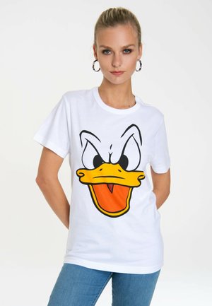 White cotton t-shirt featuring a large, colorful Donald Duck face graphic with an open mouth, black outlines, and distinct expressive eyes.
