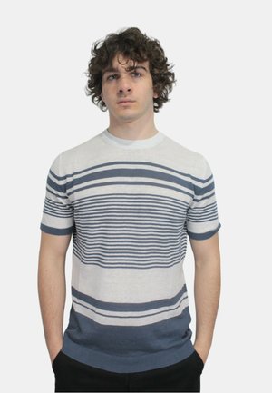 Maglione a maniche corte a righe in toni di grigio chiaro e blu, con righe orizzontali, collo rotondo e design aderente.