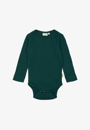 Enosek z dolgimi rokavi v temno zeleni rebrasti tkanini, z okroglim izrezom in sponkami na dnu. Podrobnosti oznake na strani.