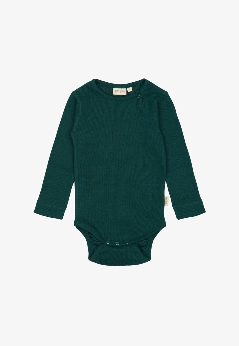 Dugi rukav bodi u tamnozelenoj rebrastoj tkanini, s okruglim izrezom i kopčama na dnu. Detalji na etiketi sa strane.