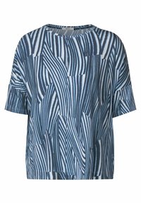 Blauw patroons kortemouwen top met golvende lijnen in donkerdere en lichtere tinten blauw, met een ontspannen pasvorm en ronde hals.