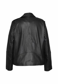 Sort læderjakke med en glat tekstur og struktureret design. Har en bred krave og syningsdetaljer på ryggen.