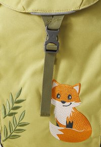 Green fabric backpack with an embroidered orange fox design, detailed with white and black accents, and a gray buckle strap.
