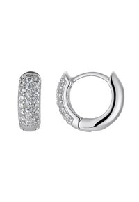 Silver hoop earrings featuring a textured design with clear, sparkling accents. One earring has a smooth finish; the other is adorned with stones.