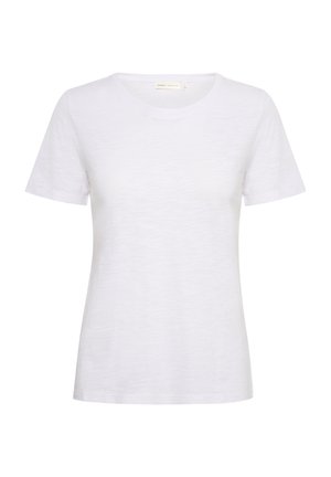 White short-sleeve t-shirt made of soft, lightweight fabric. Features a rounded neckline and a smooth texture with a slight sheen.