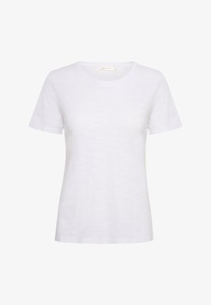 Weißes T-Shirt mit kurzen Ärmeln aus weichem, leichtem Stoff. Hat einen runden Ausschnitt und eine glatte Textur mit einem leichten Glanz.