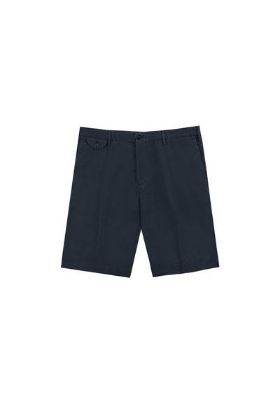 Pantaloni corti blu navy realizzati in tessuto misto cotone, con chiusura a pulsante, tasca frontale e design pulito e sartoriale con gambe dritte.