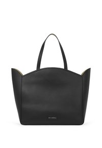 Sac fourre-tout en cuir noir avec une forme structurée, une texture lisse et deux poignées supérieures. L'intérieur est doté d'une doublure de couleur contrastante.