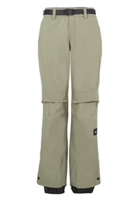 Licht khaki ski-broeken met zwarte accenten, uitgerust met een riem, verstelbare boorden en ritszakken voor functionaliteit en pasvorm.