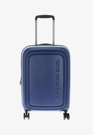 Valise rigide compacte bleu marine avec poignée extensible et quatre roues pivotantes, marque Mandarina Duck sur le devant.