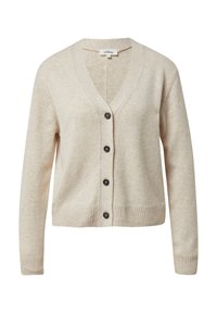 Beżowy kardigan wykonany z miękkiej tkaniny, z dekoltem w serek, sześcioma ciemnymi guzikami oraz ściągaczami przy mankietach i dolnym brzegu dla dodatkowej faktury.