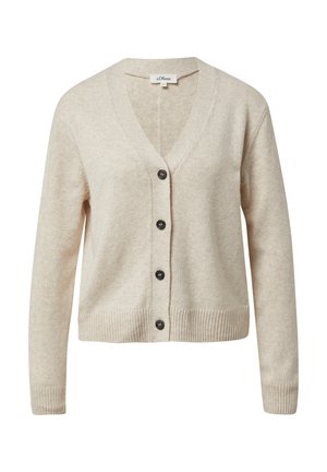 Beżowy kardigan wykonany z miękkiej tkaniny, z dekoltem w serek, sześcioma ciemnymi guzikami oraz ściągaczami przy mankietach i dolnym brzegu dla dodatkowej faktury.