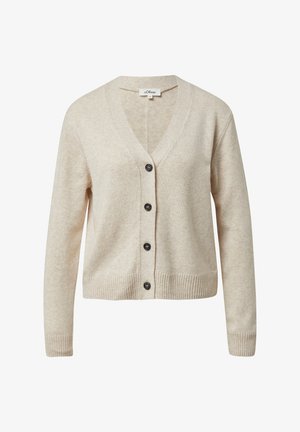 Beiger Cardigan aus weichem Stoff mit V-Ausschnitt, sechs dunklen Knöpfen sowie gerippten Bündchen und Saum für mehr Struktur.