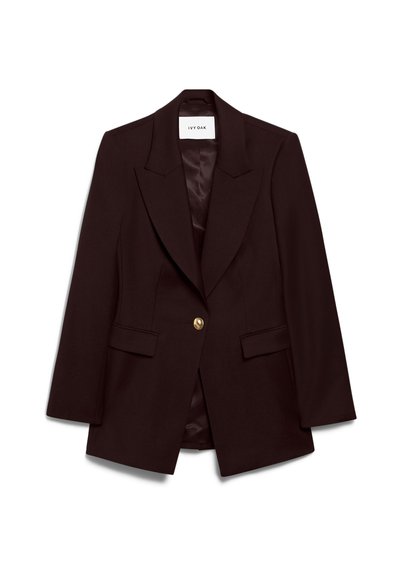 Bordowy żakiet z klapami, zamknięcie na jeden złoty guzik, dwie przednie kieszenie i gładka satynowa podszewka. Dopasowany krój.