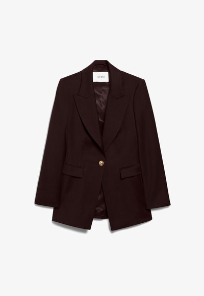 Bordowy żakiet z klapami, zamknięcie na jeden złoty guzik, dwie przednie kieszenie i gładka satynowa podszewka. Dopasowany krój.