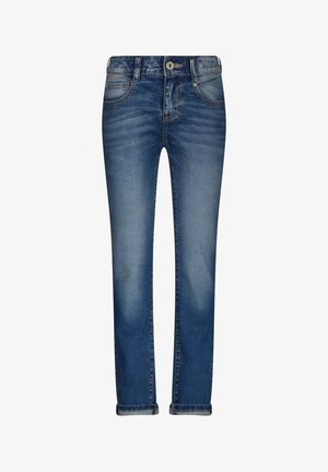 Jean pour hommes à jambes droites en denim bleu moyen, avec un design classique à cinq poches, fermeture par bouton et revers roulés.
