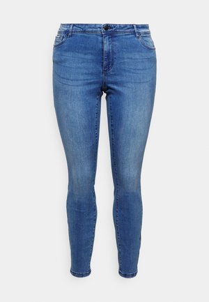 Slanke jeans i mellemblå denim, med en front knaplukning, bæltestropper, fem lomme design og en glat, let slidt tekstur.