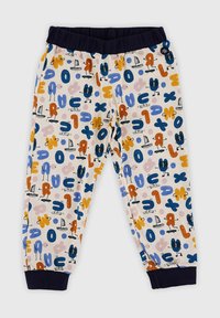 Pantalons de pyjama en coton avec une taille élastique, présentant une impression colorée de lettres, de formes et de bateaux sur un fond clair. Manches en marine.