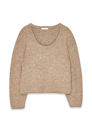 Brown, cropped sweater with a wide scoop neckline, long sleeves, and a textured knit pattern. Soft fabric with a slightly chunky feel.