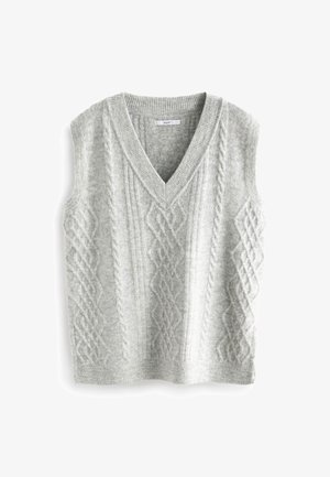 Gai pelēks bez piedurknēm svīteris ar V-veida kakla izgriezumu, ar teksturētu aplokšņu adījuma rakstu. Mīksts, vilnai līdzīgs materiāls.