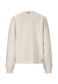 Weißes Sweatshirt mit lockerer Passform, langen Ärmeln, gerippten Bündchen und rundem Ausschnitt. Glatte Textur mit minimalen Details.
