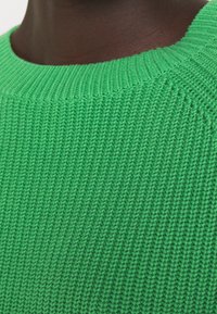 Grüner gestrickter Pullover mit einem strukturierten Rippenmuster und Rundhalsausschnitt, der eine Nahaufnahme der Stoffdetails und Farbtiefe zeigt.