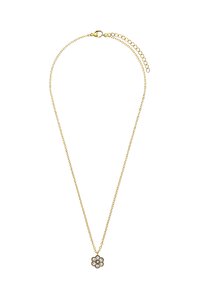Gouden ketting met een bloemenhanger met zes heldere stenen, gezet in een gouden basis, gladde textuur en delicate schakels.