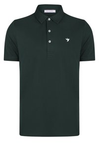 Polo-shirt vert foncé en coton avec col classique, patte de boutonnage à trois boutons et logo d'oiseau brodé sur la poitrine gauche.