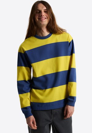 Persona sorridente con capelli lunghi castani che indossa una maglia a maniche lunghe a larghe righe gialle e blu navy e pantaloni scuri, in piedi su uno sfondo bianco.